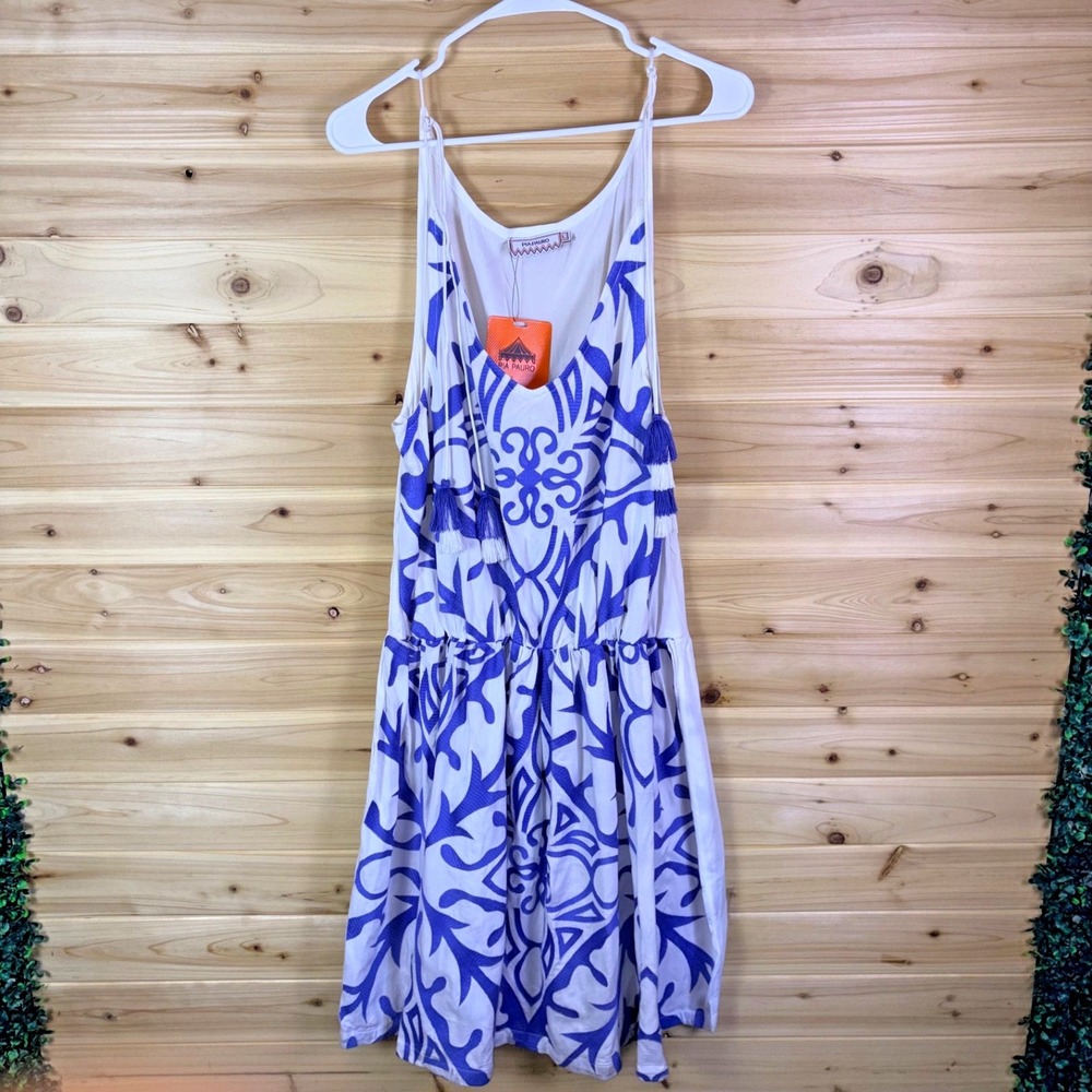 NEW Pia Pauro Dress Womens Large Blue and White Embroidered Tassel Sun Dress